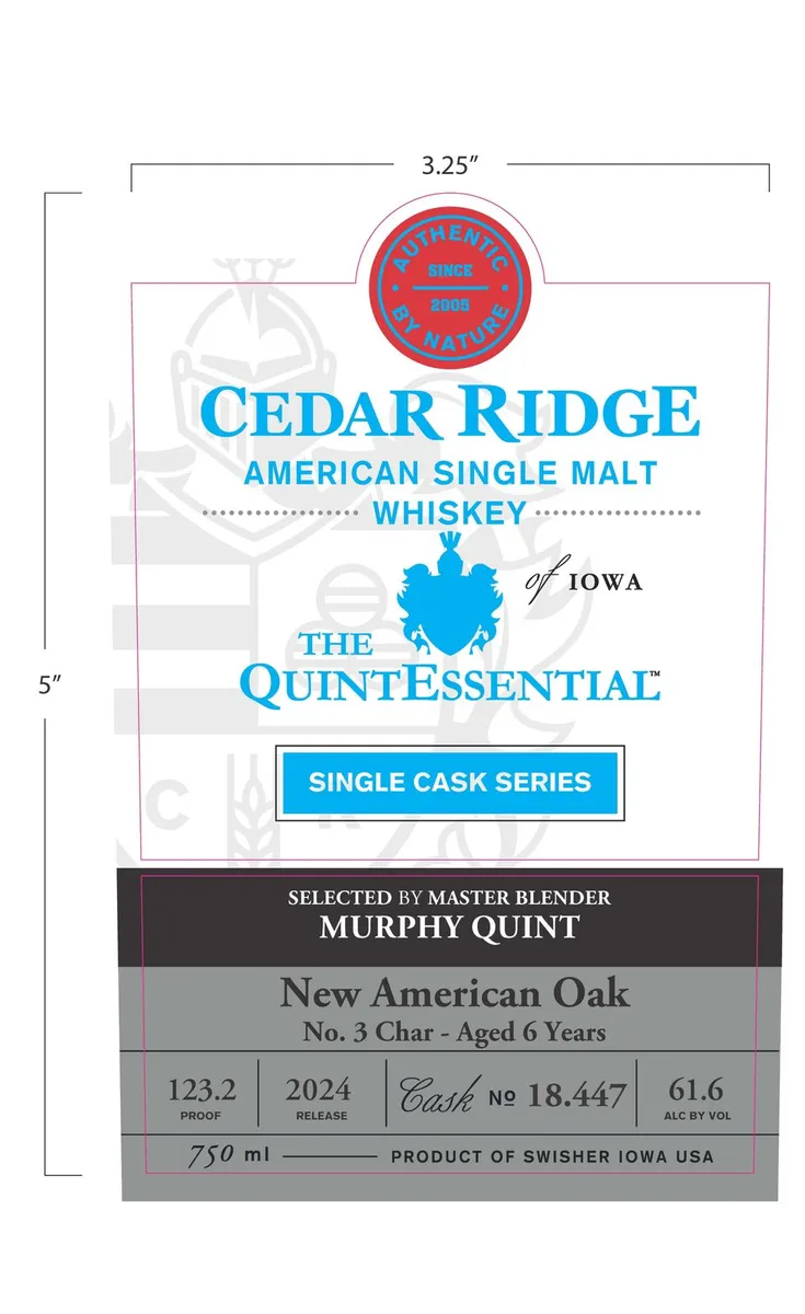 Label for Quintessential, whiskey, filed by CEDAR RIDGE DISTILLERY