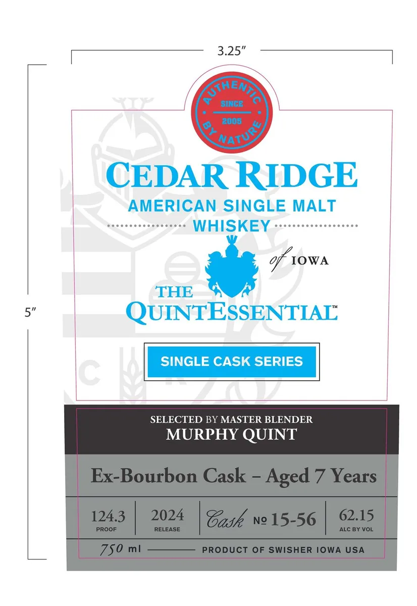 Label for Quintessential, whiskey, filed by CEDAR RIDGE DISTILLERY
