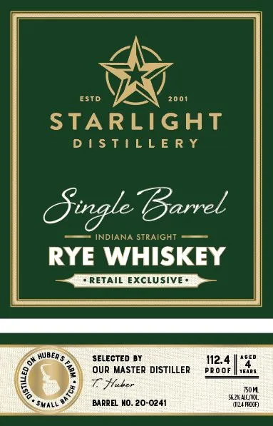 Label for Starlight Distillery, straight rye, filed by Huber's Starlight Distillery