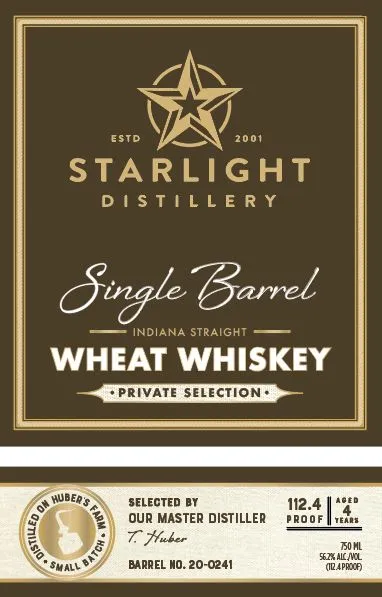 Label for Starlight Distillery, straight whiskey, filed by Huber's Starlight Distillery