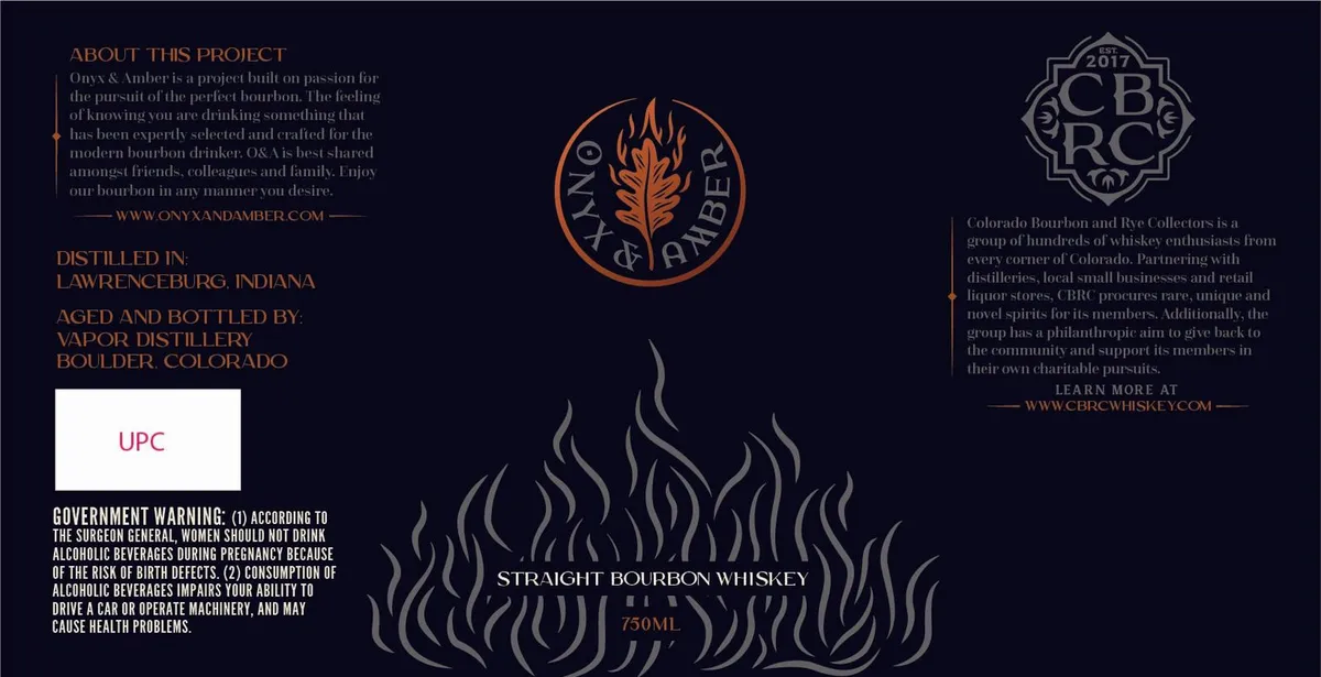 Label for Onyx & Amber, straight bourbon, filed by VAPOR DISTILLERY