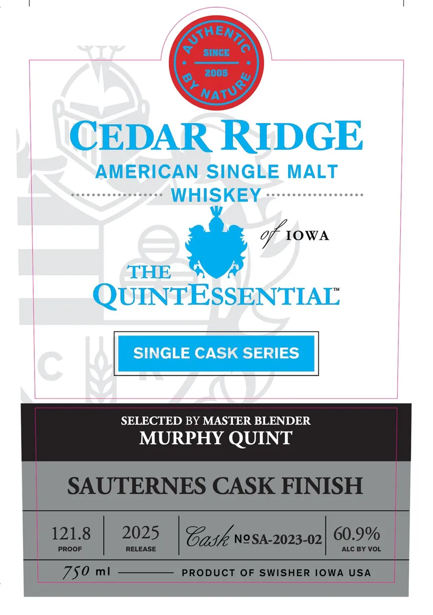 Label for Quintessential, american single malt, filed by CEDAR RIDGE DISTILLERY