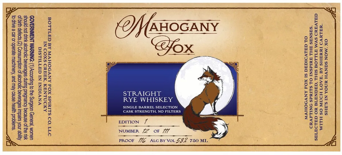 Label for Mahogany Fox, straight rye, filed by Old Steelhouse Distillery