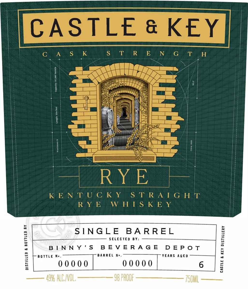 Label for Castle & Key, straight rye, filed by Castle & Key Distillery