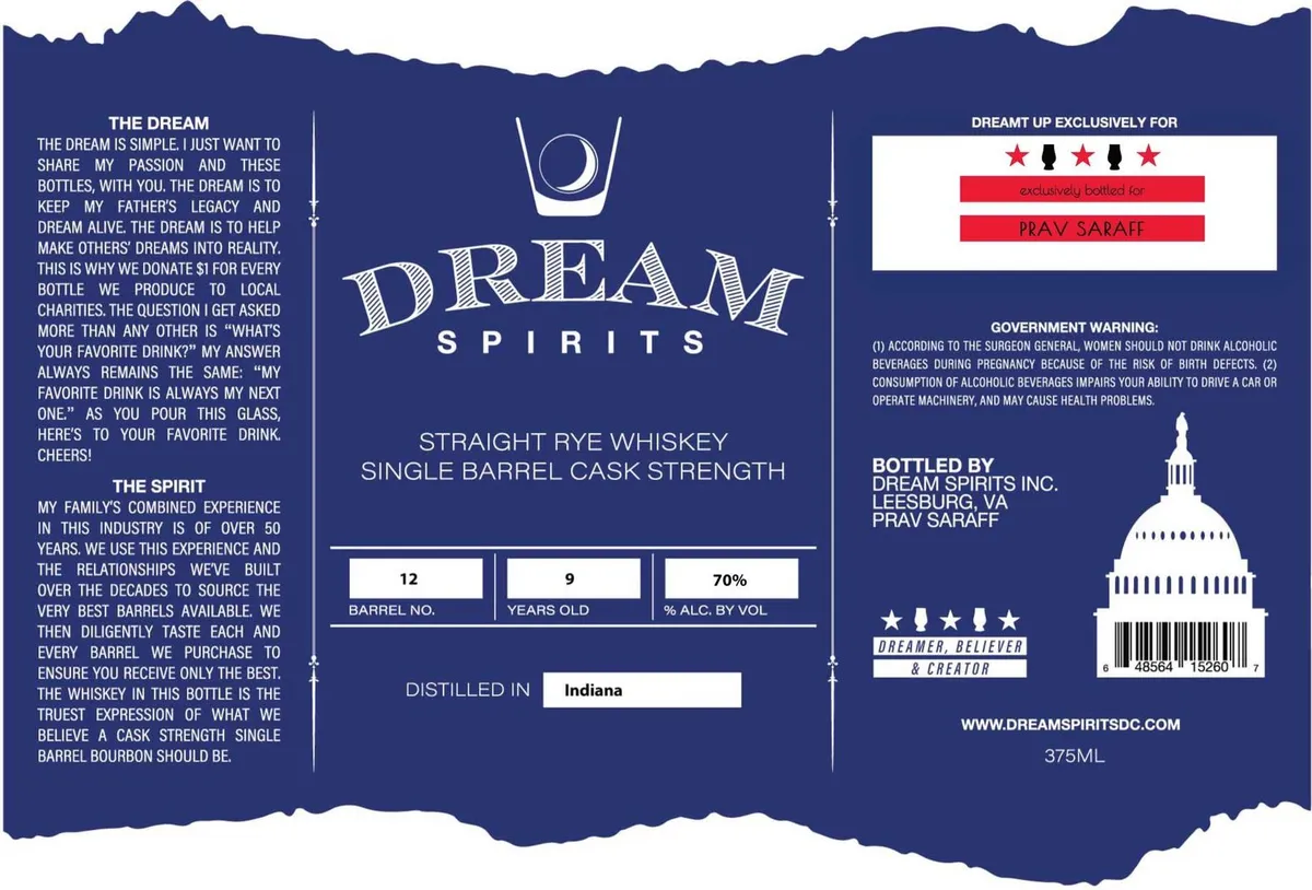 Label for Dream Spirits, straight rye, filed by Dream Spirits