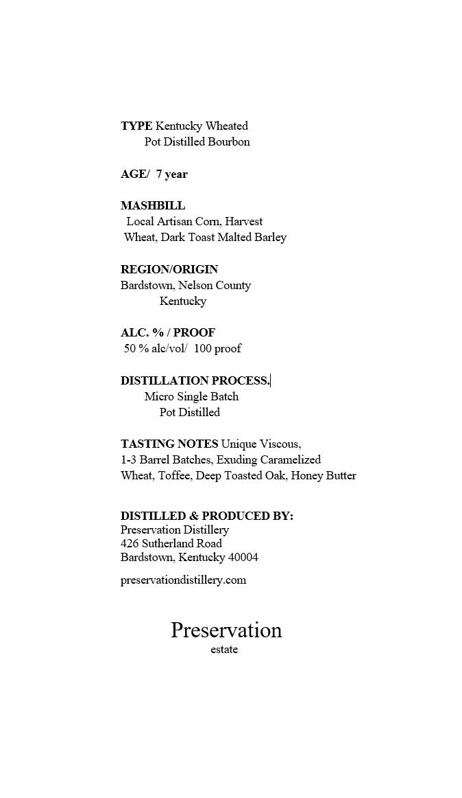 Label for Preservation, bourbon, filed by Preservation Distillery