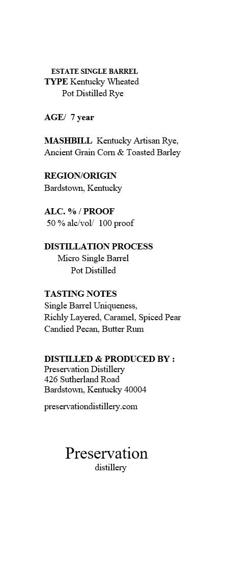 Label for Preservation, rye, filed by Preservation Distillery
